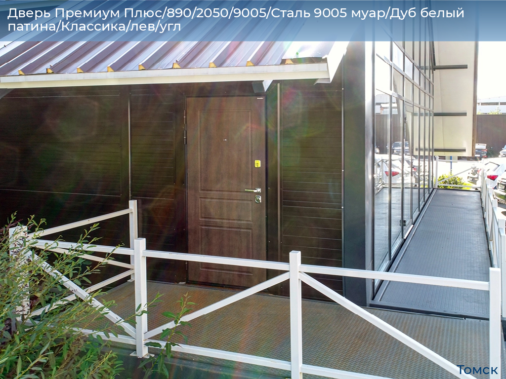 Дверь Премиум Плюс/890/2050/9005/Сталь 9005 муар/Дуб белый патина/Классика/лев/угл, tomsk.doorhan.ru